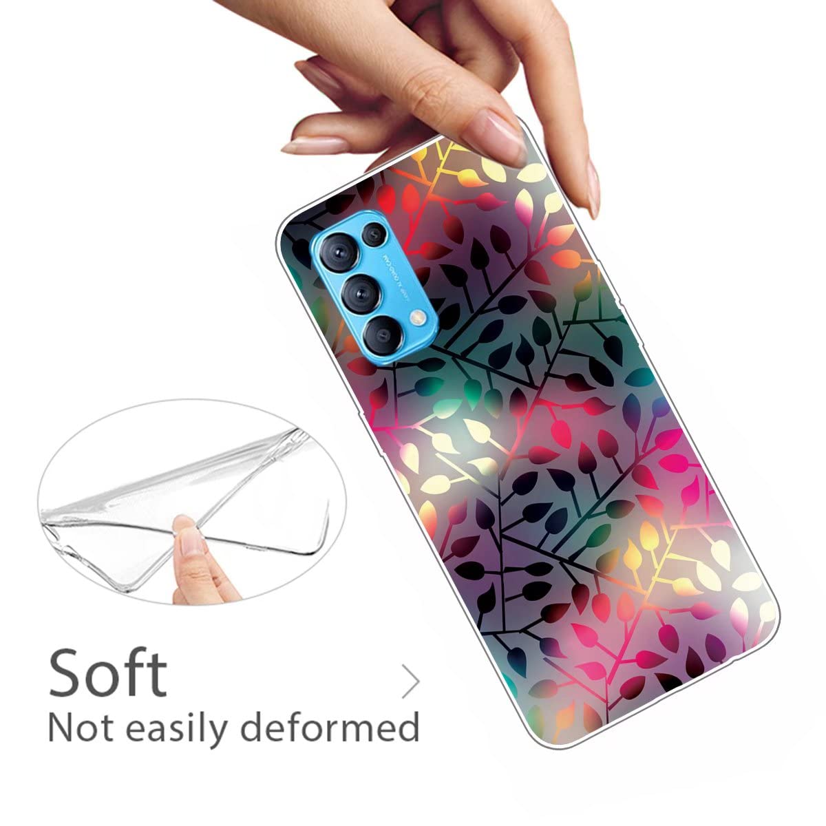 Xunlaixin MUTOUREN Compatible with OPPO Find X3 Lite Case with Tempered Glass Screen Protector, Clear Soft Silicone TPU Bumper Cover Transparent for OPPO Find X3 Lite (Colorful Leaves).