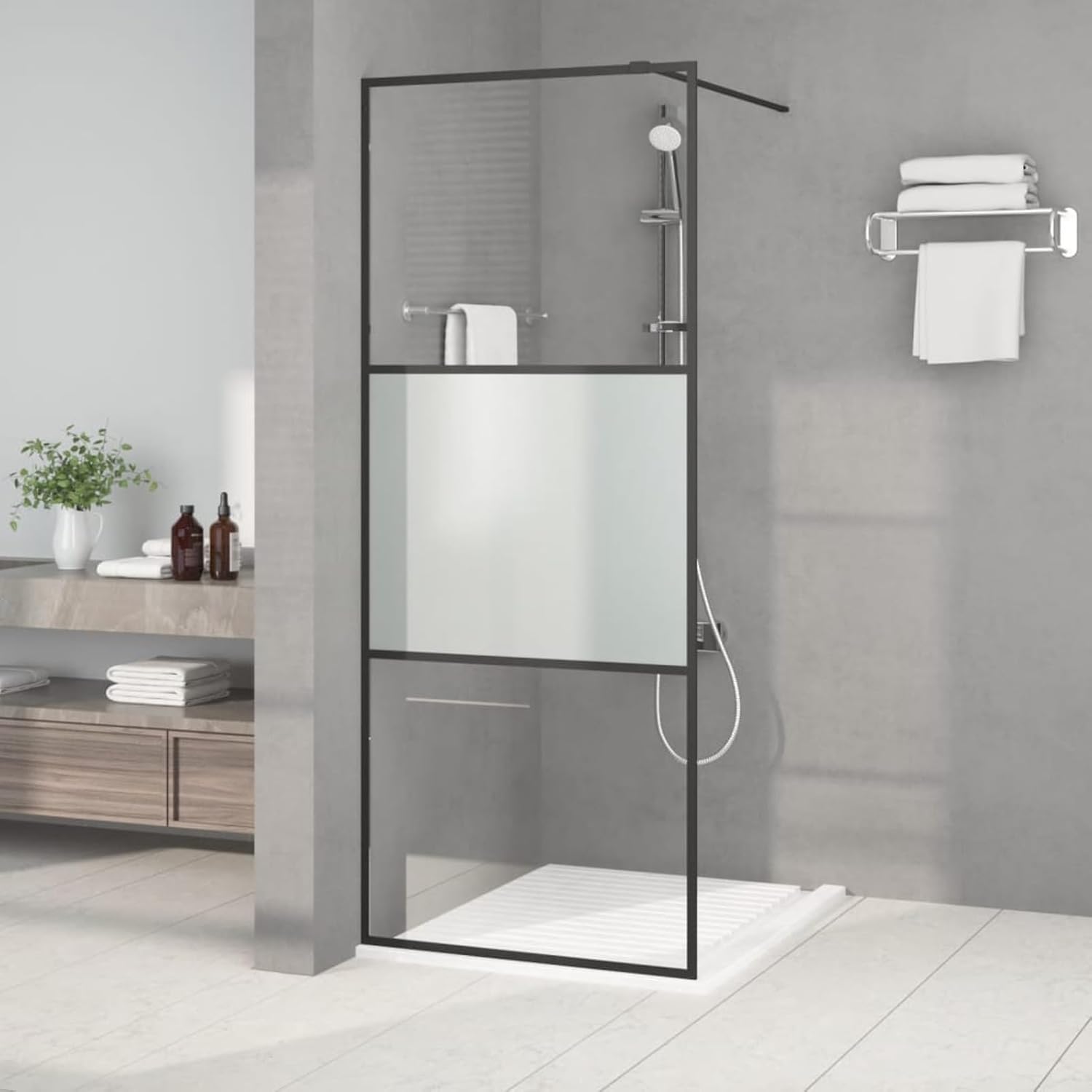 Sufrk Walk-in Shower Wall Black 80x195 cm Half Frosted ESG Glass,Over Bath Shower Screen Door Framed Toughened Safety Clear Glass Panel Bathroom Bath Screens.