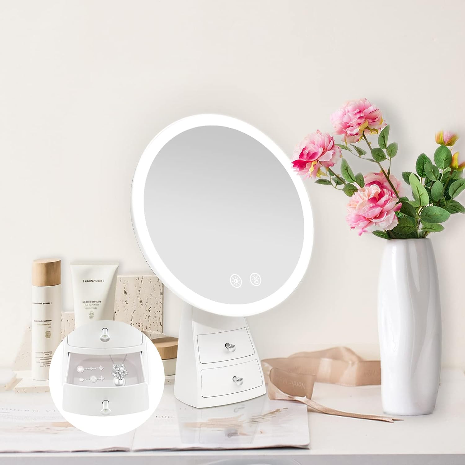 Auxmir Makeup Mirror with Light, Illuminated 10X / 1X Double Sided Magnifying Mirror with 5 Brightness, USB Rechargeable 360° Rotation，Vanity Mirror for Dressing Table, Bathroom, Bedroom, Desk.