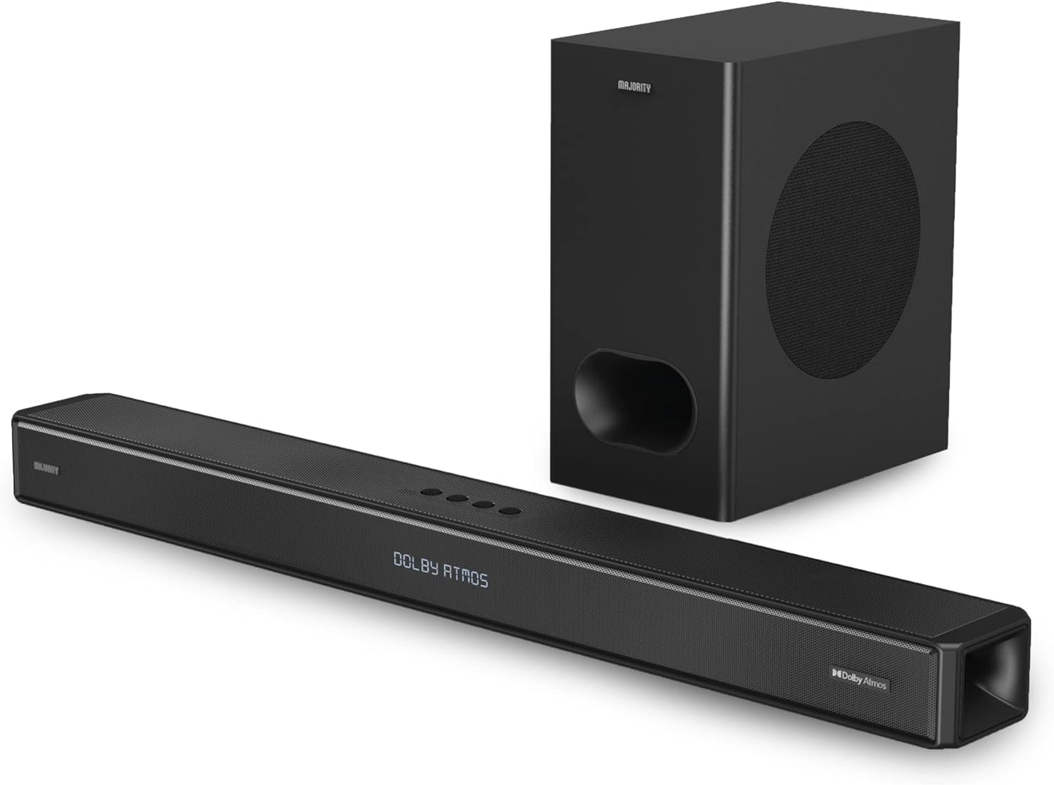 MAJORITY Sierra Plus | Dolby Atmos 2.1.2 Bluetooth Soundbar with Wireless Subwoofer | 400W Up-Firing Surround Sound System For 3D Audio Home Theatre | USB, AUX, Optical, RCA & 3x HDMI | Custom EQ.