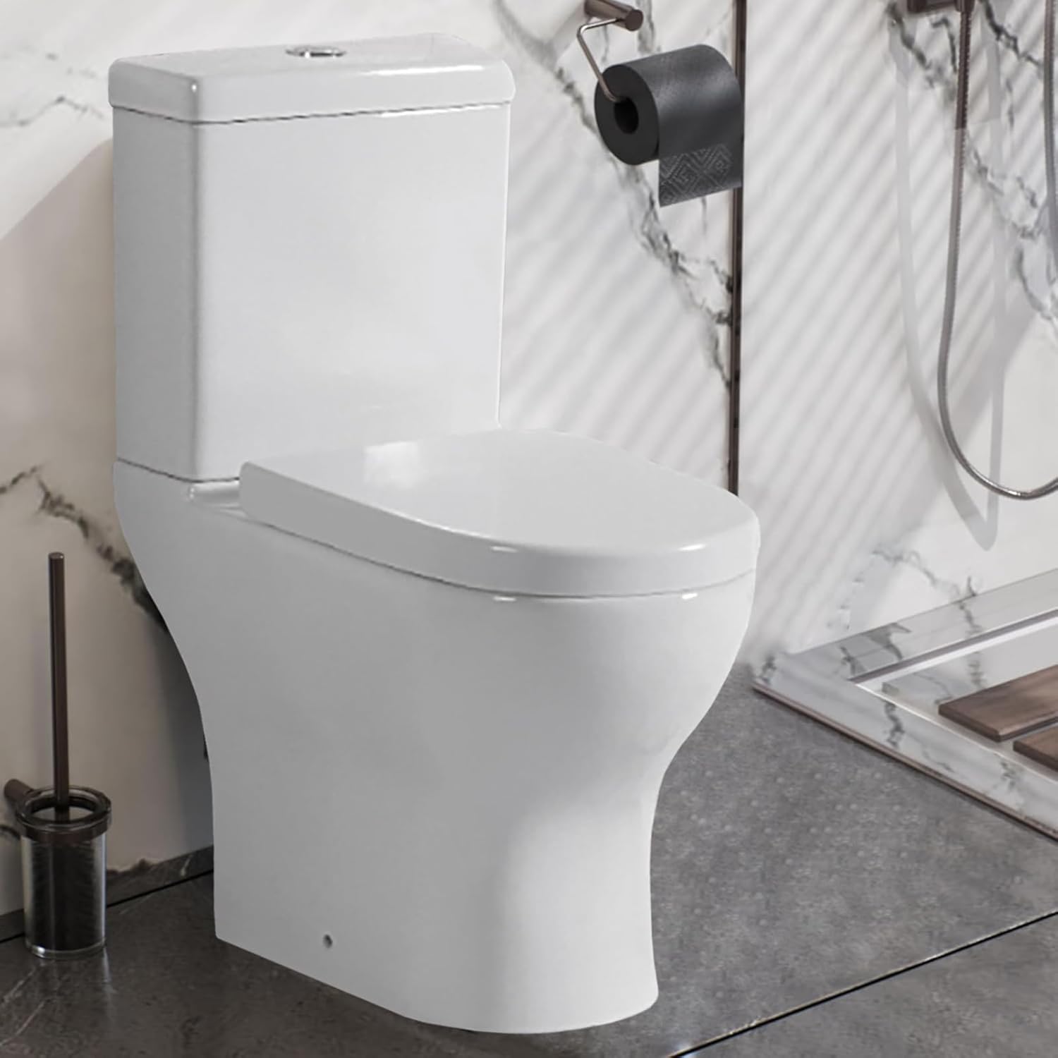 Semi Flush to Wall Toilet Close Coupled WC White Ceramic Soft Close Seat Modern Design Projection.