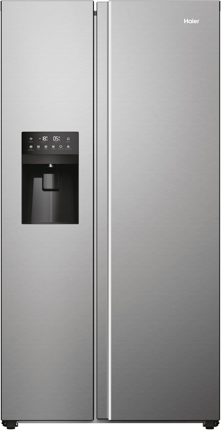 Haier HSR3918EWPG Freestanding American Style Side By Side Fridge Freezer with Non-Plumbed Water Dispenser, 521L Capacity, A++ (E) Energy Rated - Silver.