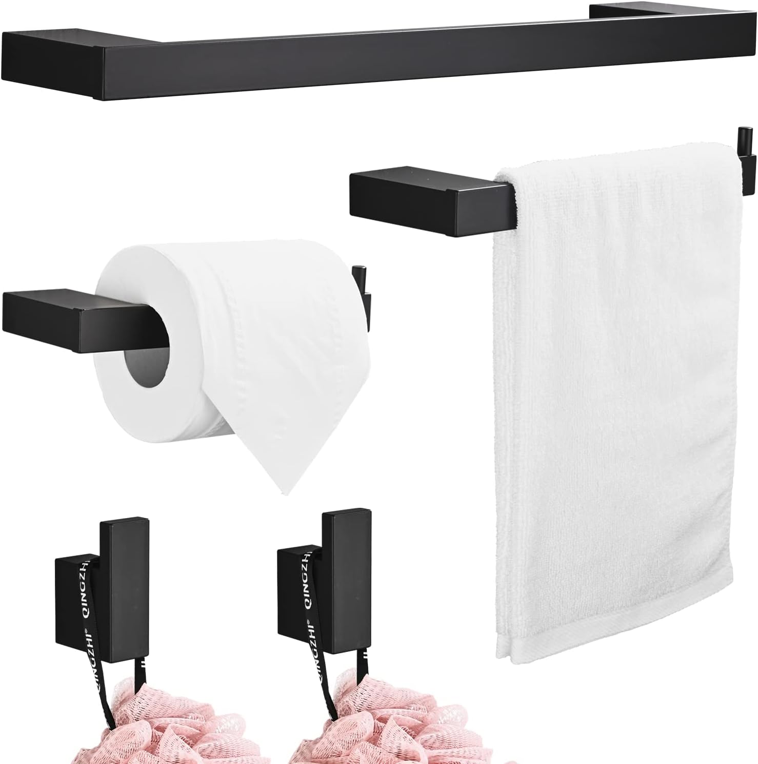 5-Piece Bathroom Hardware Set Bath Accessory Kit Towel Rail Wall Hooks Toilet Paper Holder Metal Wall Mounted and Towel Hooks, Black.