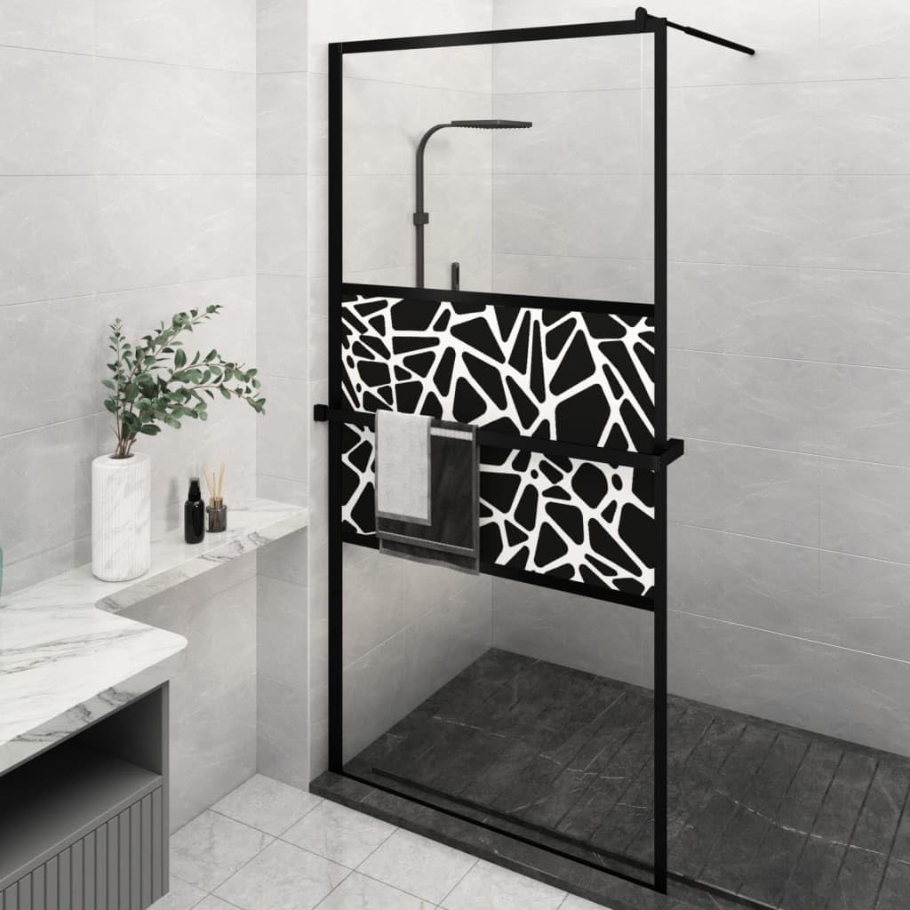 qohoio Walk-in Shower Wall with Shelf Black 115x195 cm ESG Glass&Aluminium,Over Bath Shower Screen Door Framed Toughened Safety Clear Glass Panel Bathroom Bath Screens.