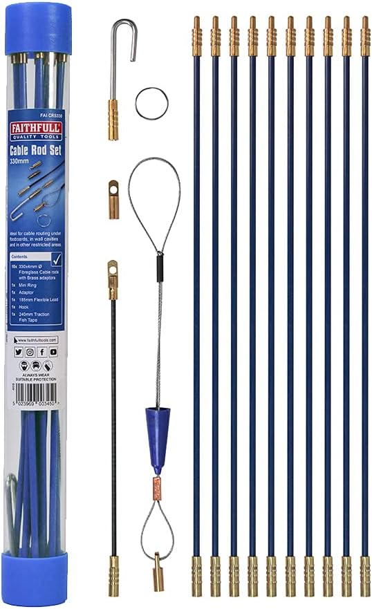 Faithfull FAICRS330 3.3M Cable Access Rod and Accessories Kit - 15 Pieces Including 10 x 330 mm Rods , Blue.