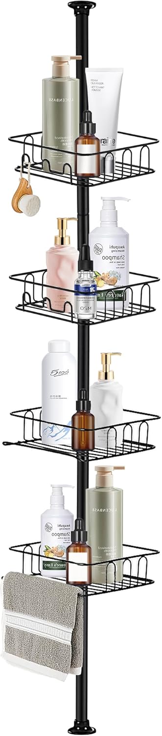 HOUHA Telescopic Shower Caddy Corner Adjustable Bathroom Shelf with 4 Tier Corner Shower Shelf No Drilling, Shower Storage Organizer 73-302 cm, Black.