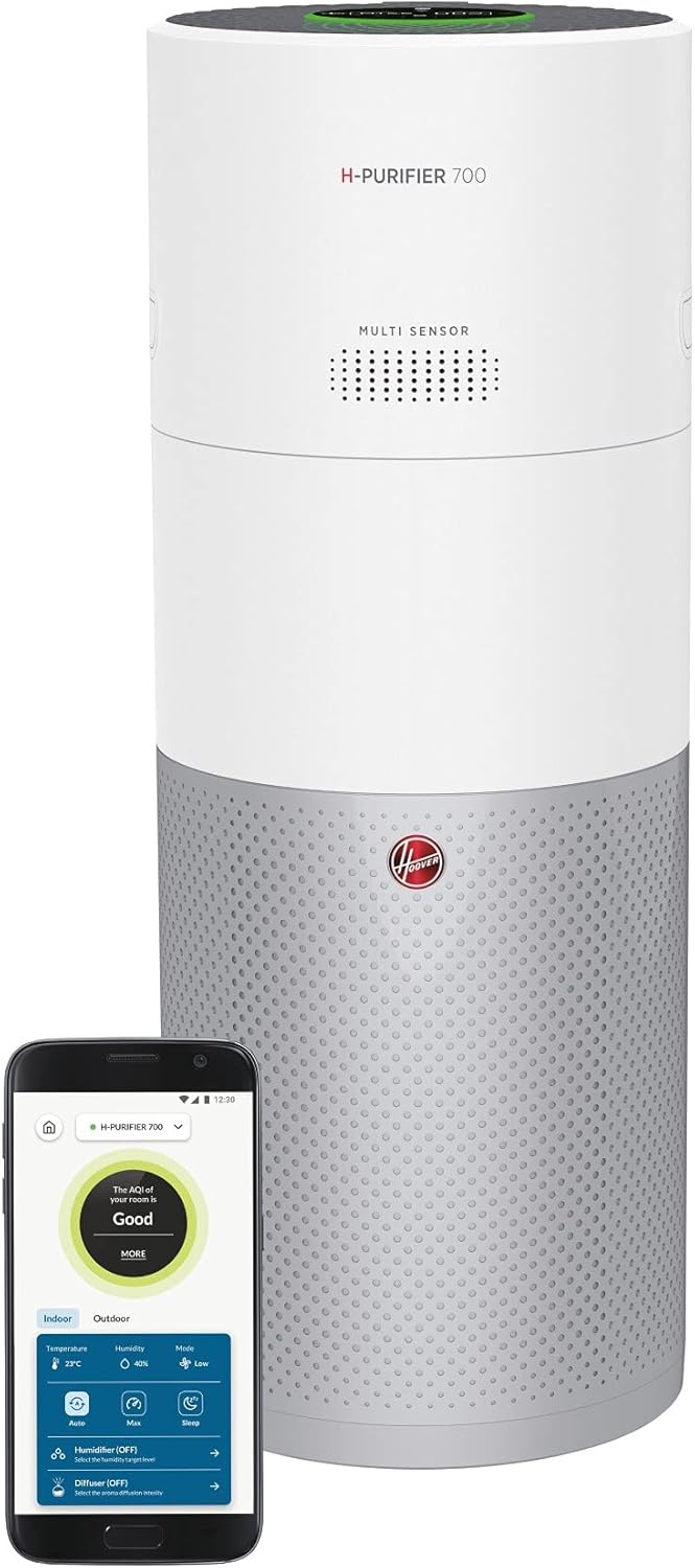 Hoover Air Purifier 700 - HEPA Air Purifier with Diffuser and Humidifier, Removes 99.97% of Allergy Particles, Pollen, with Fast-Acting H-TRIFILTER Filtration System, Bluetooth Connectivity.