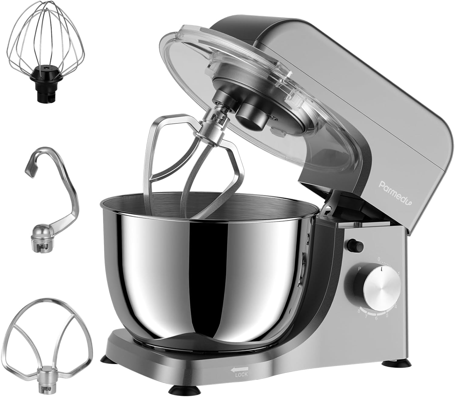 Parmedu Electric Kitchen Stand Mixer: 380W 8-Speed Compact Tilt-Head Household Food Mixer - 4.5L 304 Stainless Steel Bowl with Cover & Egg Whisk & Dishwasher Safe Dough Hook & Flat Beater.