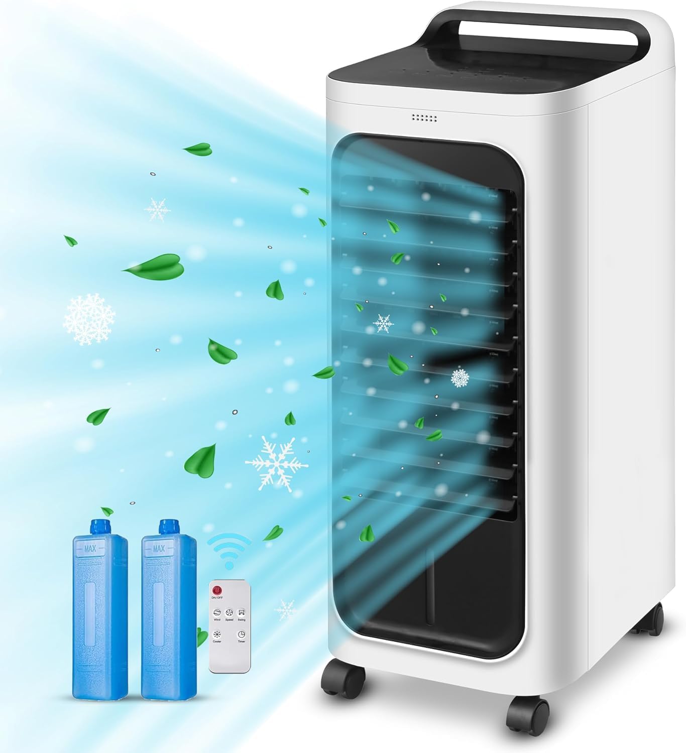 Evaporative Air Cooler, 3 in 1 Mobile Portable Air Cooler with Digital Display, Humidifier, Portable Cooler Fan with 2 Ice Boxes, 5L Water Tank, 80W, 3 Speeds, Remote Control, 7H Timer,for Home Office.