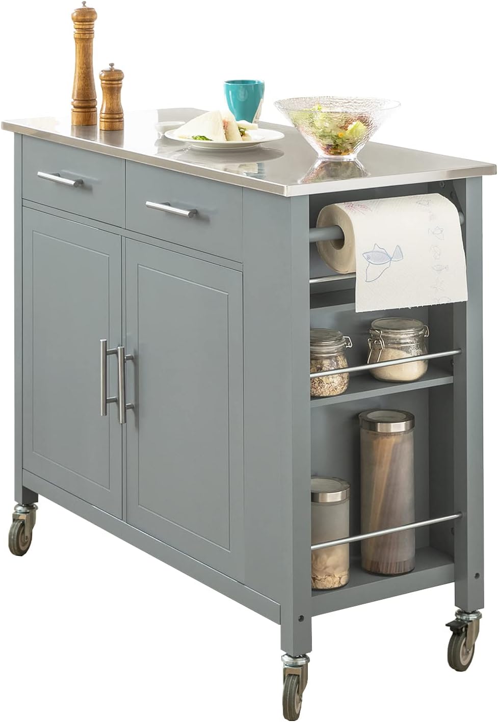 SoBuy FKW108-W, Kitchen Storage Trolley Cart with Stainless Steel Worktop, Kitchen Island Kitchen Cabinet Cupboard Sideboard on Wheels.