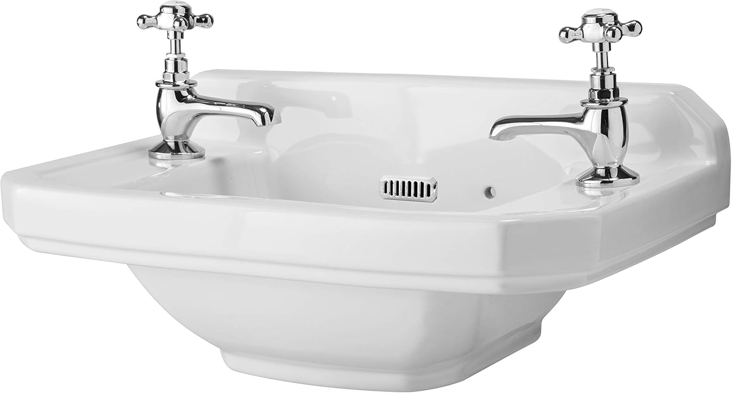 Milano Richmond - Traditional White Ceramic Wall Hung Square 2 Tap Hole Bathroom Basin Sink - 515mm x 300mm.