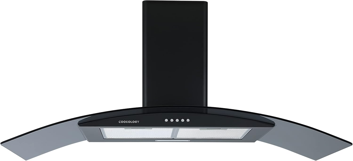 Cookology CGL100BK/A Energy A Rated Black 100cm Curved Glass Chimney Cooker Hood, Kitchen Extractor Fan.