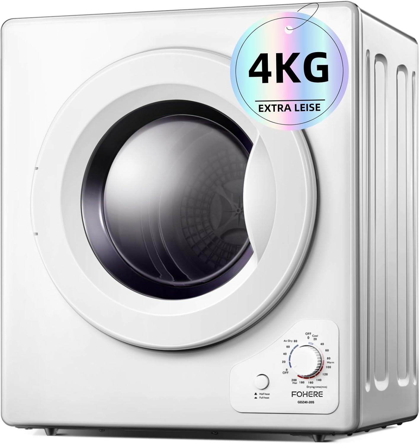 4KG Vented Tumble Dryer, FOHERE 1200W Compact Vented Tumble Dryer, 5 Auto Drying Mode, with Sensor, Exhaust Duct & Stainless Steel Tub, for Apartment, Home, Dorm, White.