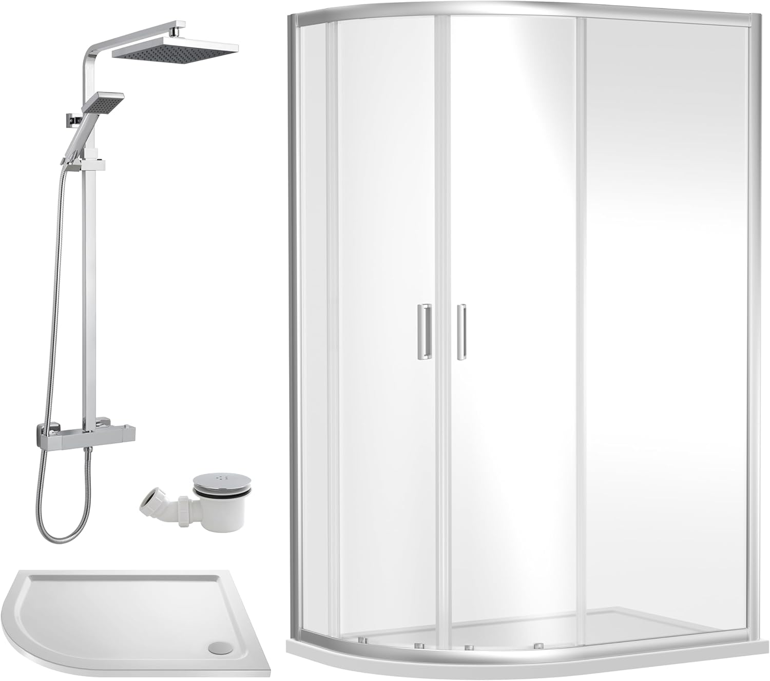 Balterley Ruwa Shower Enclosure Bundle - Offset Left Quadrant, Tray, Square Shower & Waste - White/Chrome - 1200mm x 800mm.