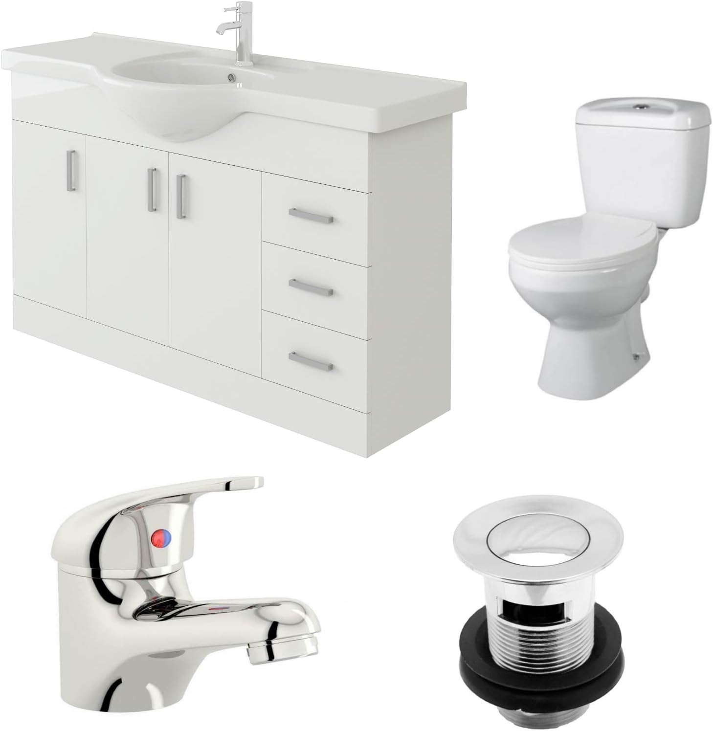 VeeBath Linx Bathroom Suite - 1200mm Vanity Cabinet Sink Unit, Sleek Close Coupled Toilet & Mono Basin Mixer with Waste.