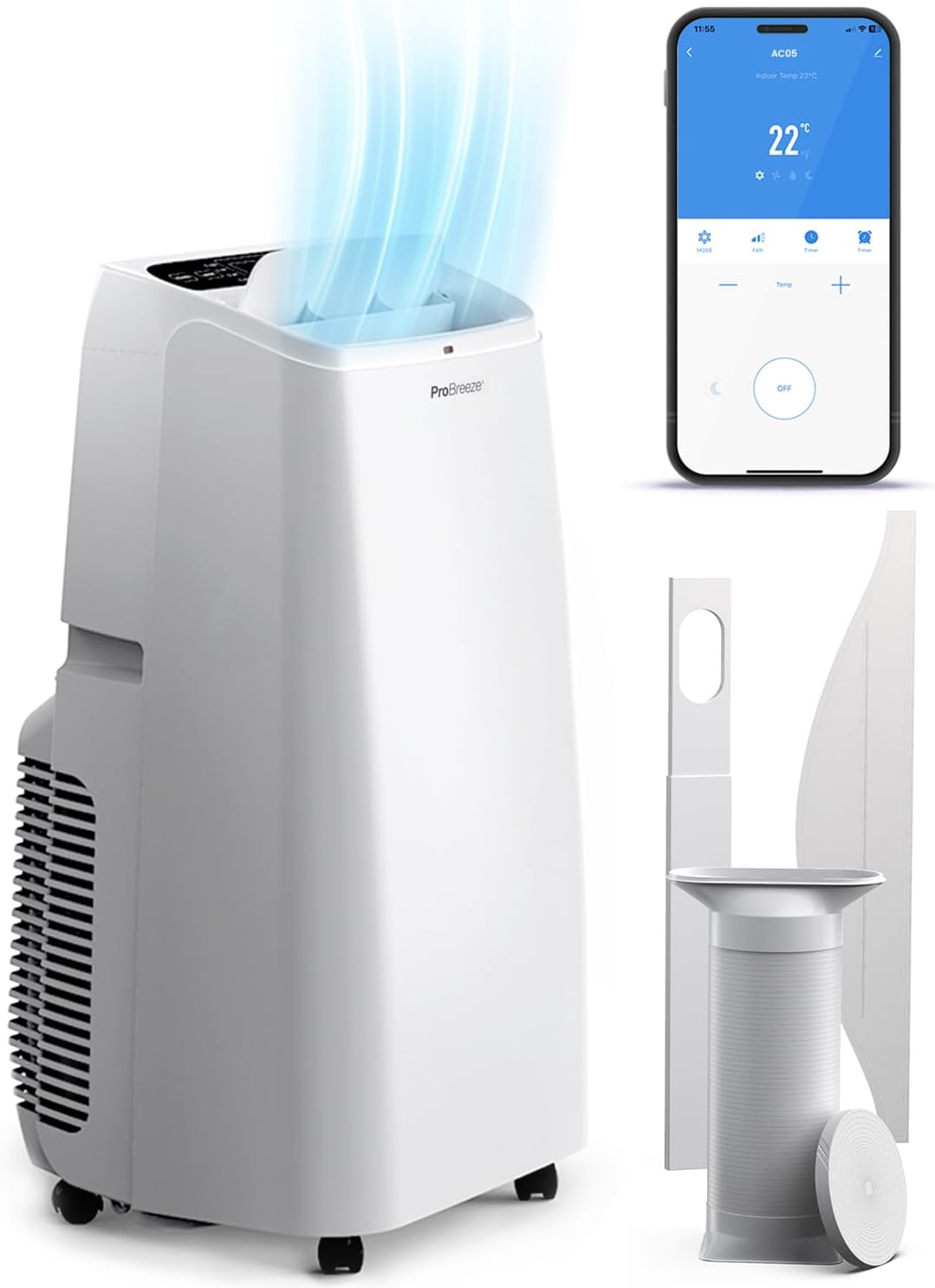 Pro Breeze 4-in-1 Powerful Portable Air Conditioner 12,000 BTU - Smart Home WiFi Compatible - App & Voice Control - Heater & Dehumidifier mode, 24hr Timer & Window Venting Kit - Class A Energy Rating.