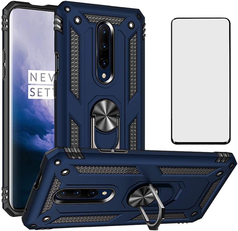 Phone Case for Oneplus 7 Pro with Tempered Glass Screen Protector Cover and Stand Ring Holder Hard Shockproof Heavy Duty Accessories Oneplus7Pro One Plus 1+7 plus7pro 1 1Plus Oneplus7 7Pro + 1+7 Blue