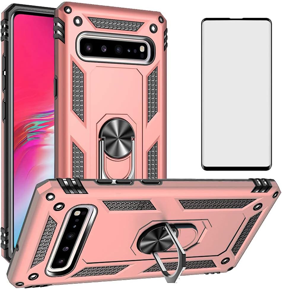 Phone Case for Samsung Galaxy S10 5G with Tempered Glass Screen Protector Cover and Stand Ring Magnetic Rugged Metal Silicone Rubber Holder Hard Shockproof Heavy Duty Accessories S105G 10S G5 Black