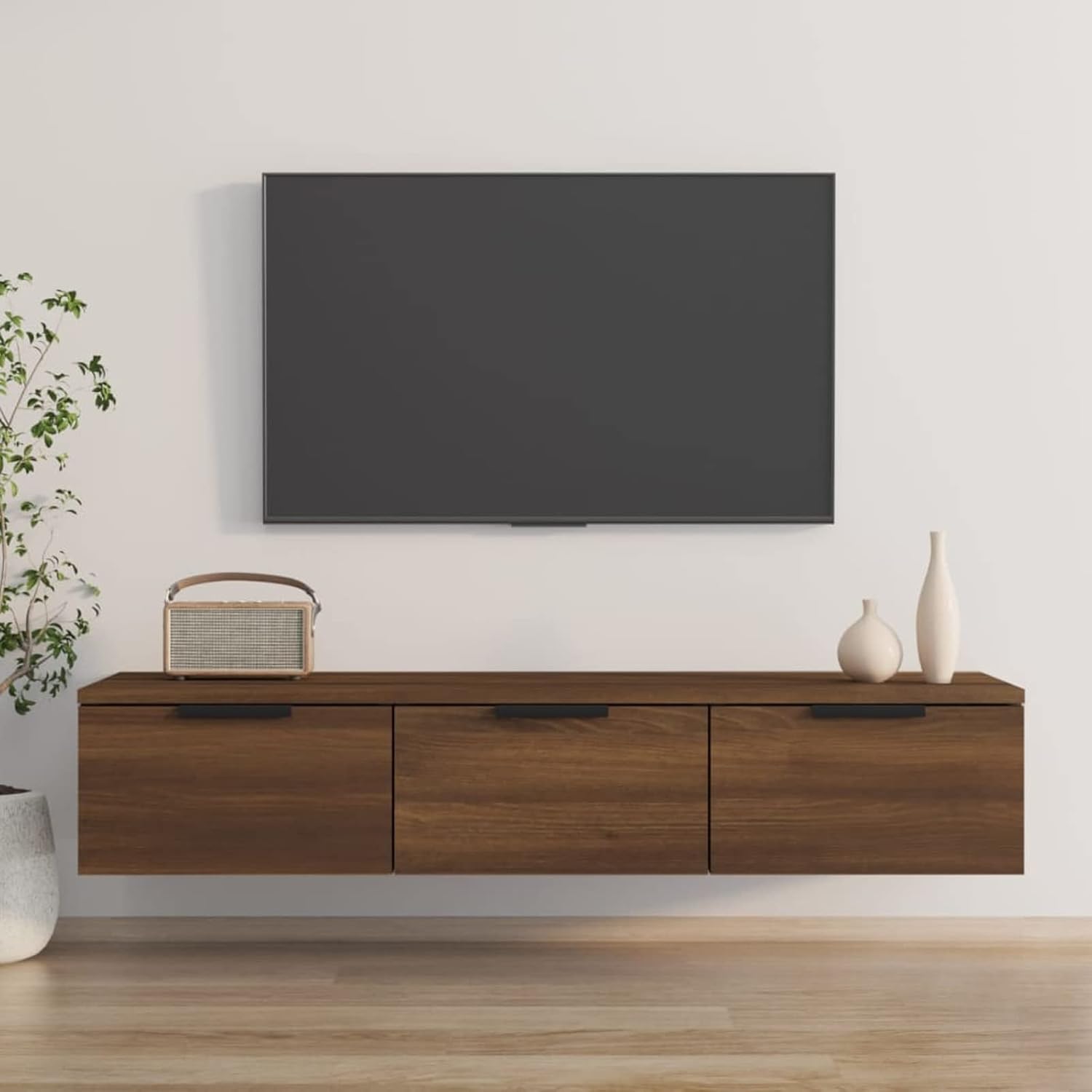 Tidyard Floating TV Stand Wall Mounted TV Cabinet With 4 Drawers Hanging TV Stand Chest of Drawers Entertainment Center Media Cabinet Storage Unit Brown Oak 102x30x20 cm Engineered Wood.