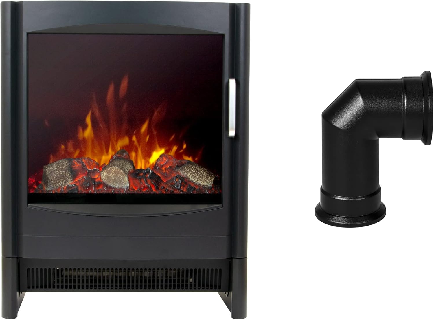 Sureflame Keston Electric Stove in Black with Angled Stove Pipe.