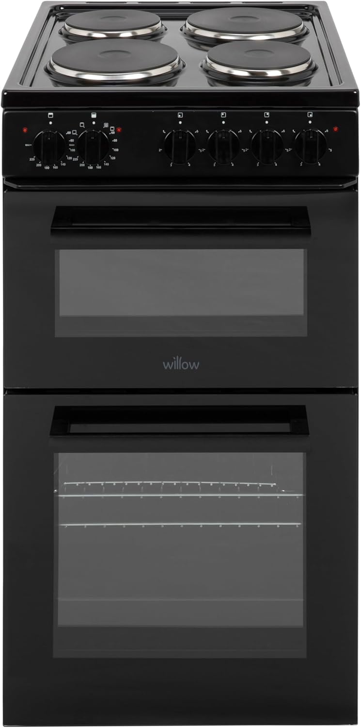 Willow WE50TSB 62L Freestanding Electric Cooker, 50cm Wide Twin Cavity Cooker with Solid 4 Plate Hob, 31L Capacity Grill Cavity, 2 Year Warranty - Black.