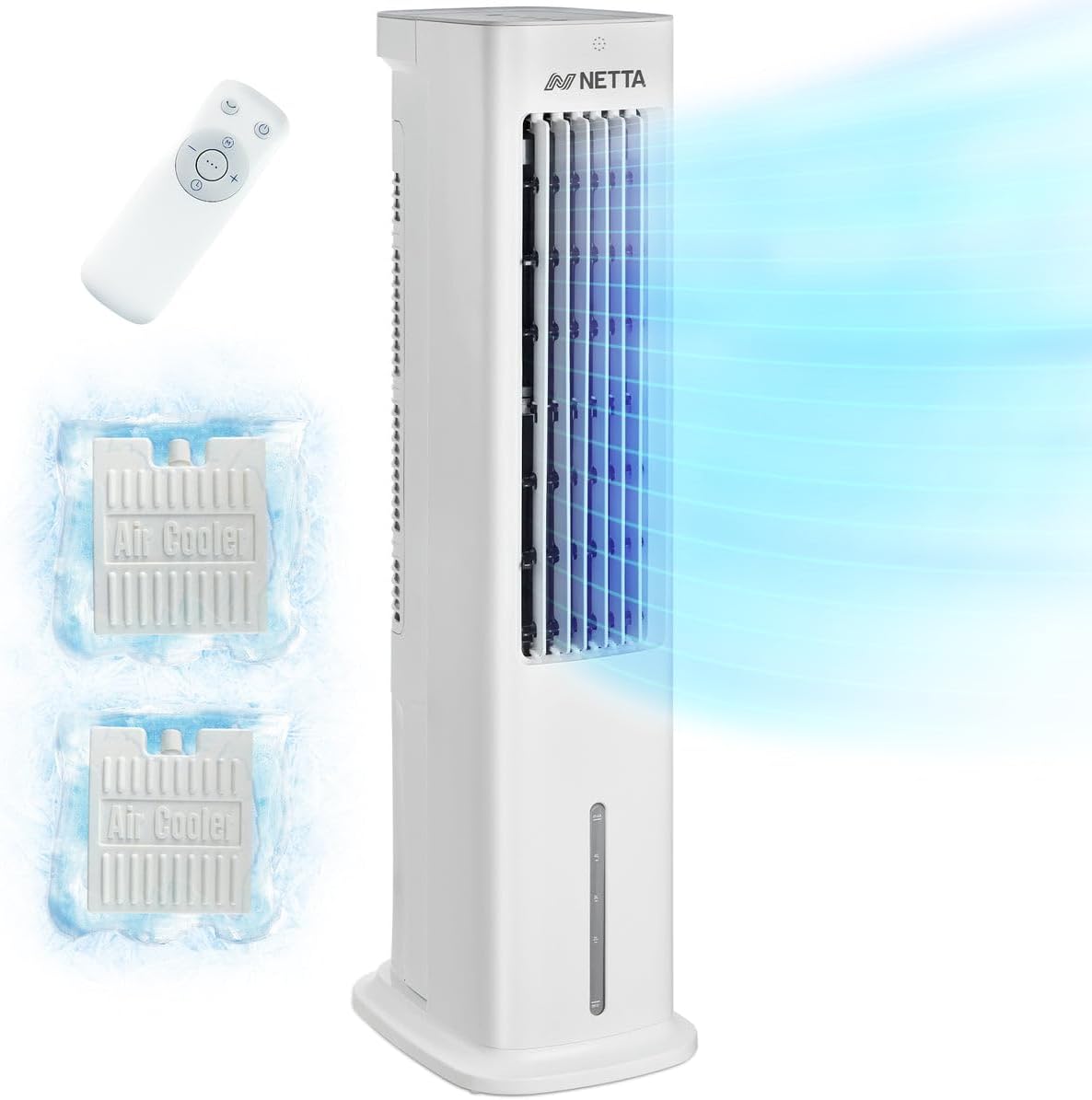 NETTA 5L Portable Air Cooler with Remote Control, Fan and Humidifier Settings, Automatic Oscillation 3 Fan Speeds and 3 Modes, High Powered Evaporative Air Cooler, 2 Ice Packs Included 55W.