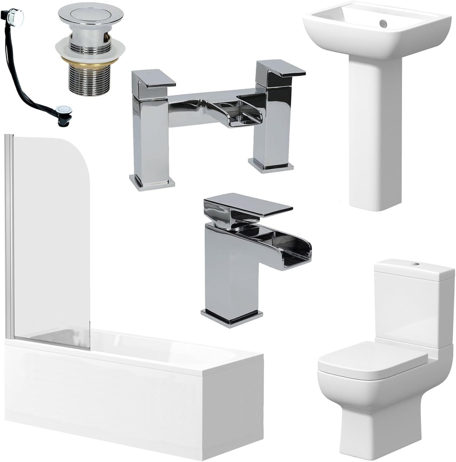 BAYSTONE Complete Bathroom Suite 1700mm Straight Bath Screen Toilet WC Basin Sink Taps.