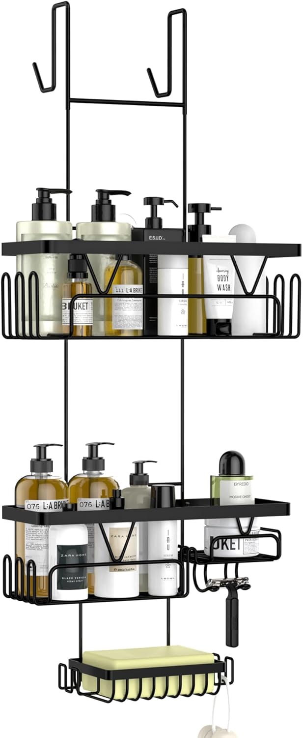 Kegii Shower Caddy, Haning Shower Shelf, Over Door Shower Rack, Bathroom Shower Storage Organiser with Soap Holder, No Drill Shower Shelf, Black Bathroom Storage Accessories.