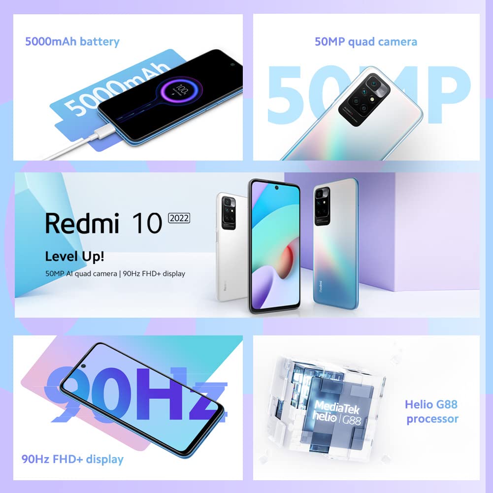 Xiaomi Redmi 10 2022 - Smartphone 4+64GB, 6,5” FHD+ 90Hz DotDisplay, MediaTek Helio G88, 50MP AI quad Camera, 5000mAh, Carbon Gray (UK Version + 2 Years Warranty).