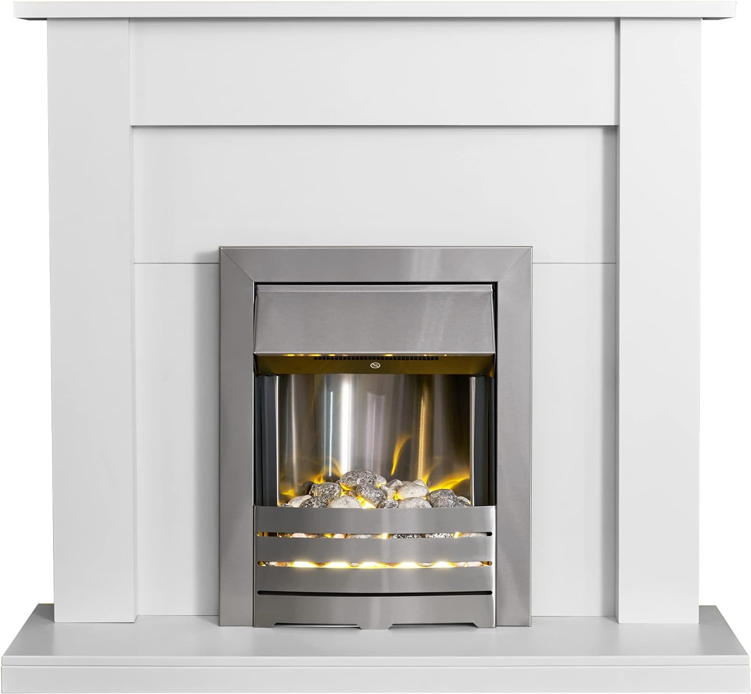 Adam Sutton Fireplace in Pure White with Helios Electric Fire In Brushed Steel, 43 Inch.