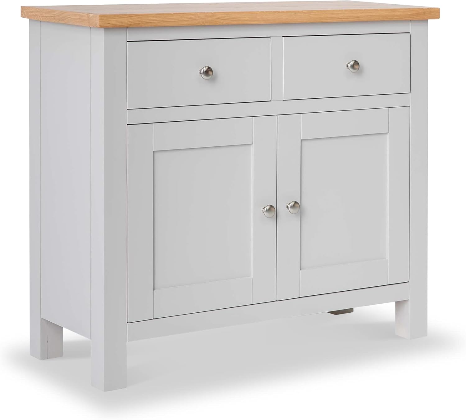 RoselandFurniture Farrow Grey Small Sideboard for Living Room | Fully Assembled Painted Storage Cabinet Solid Wood 2 Door Cupboard with 2 Drawers and Oak Top for Kitchen, Dining Room or Hallway.