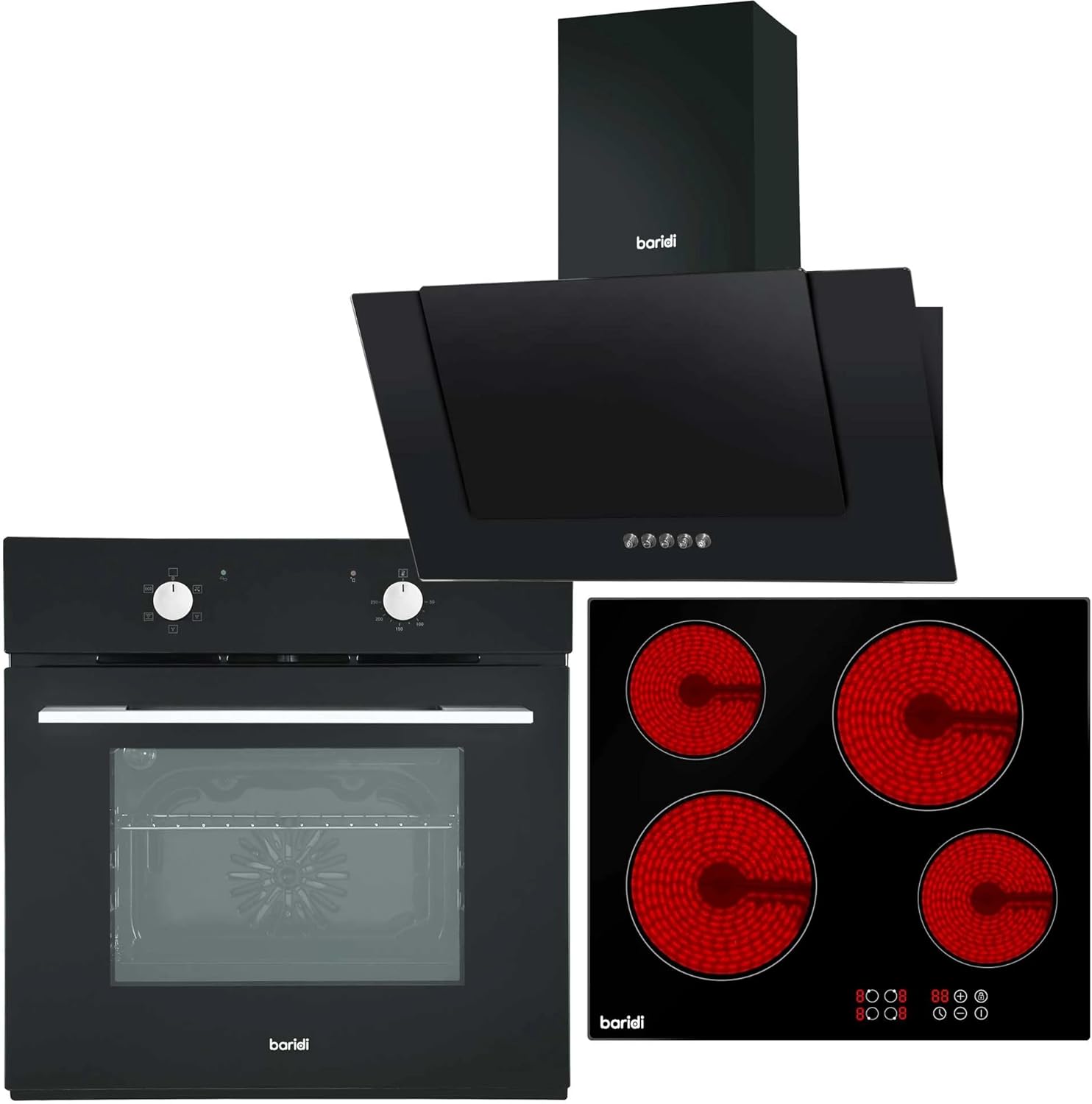 Baridi 4 Zone Ceramic Hob, 5 Function Fan-Assisted Oven & Angled Cooker Hood Bundle - DH186.