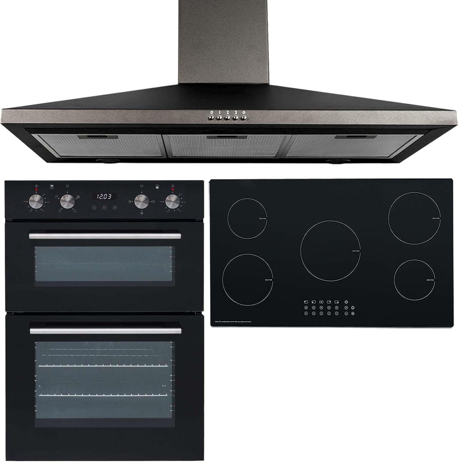 SIA 60cm Electric Double Oven, 90cm 5 Zone Induction Hob & Chimney Cooker Hood.