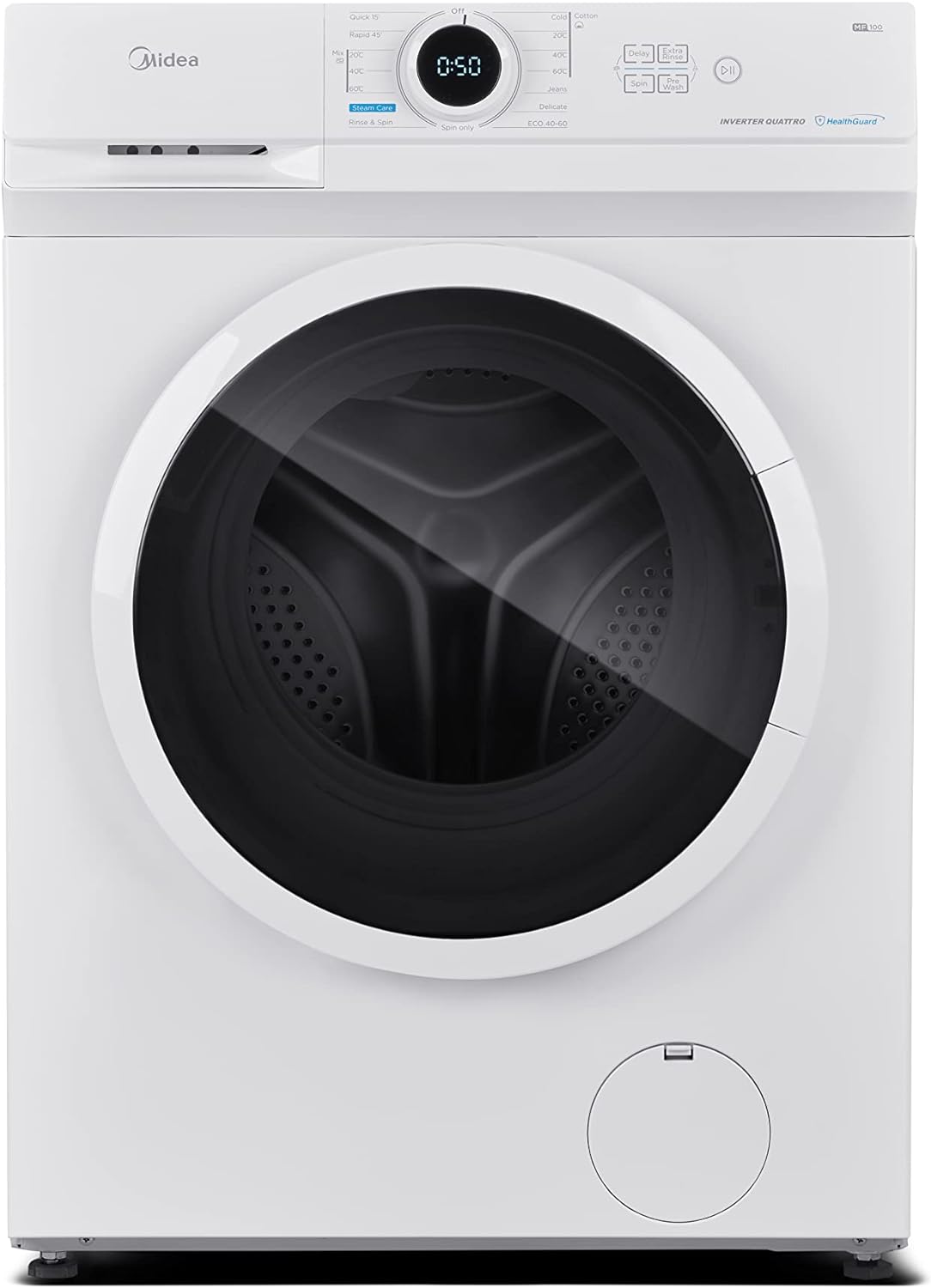 Midea MF10EW70B Energy-Saving Freestanding Washing Machine, BLDC Motor, Bright LED Display, Steam Care, Quick Wash, Various temp options, Prewash, 1400 RPM, 7 kg load, White.