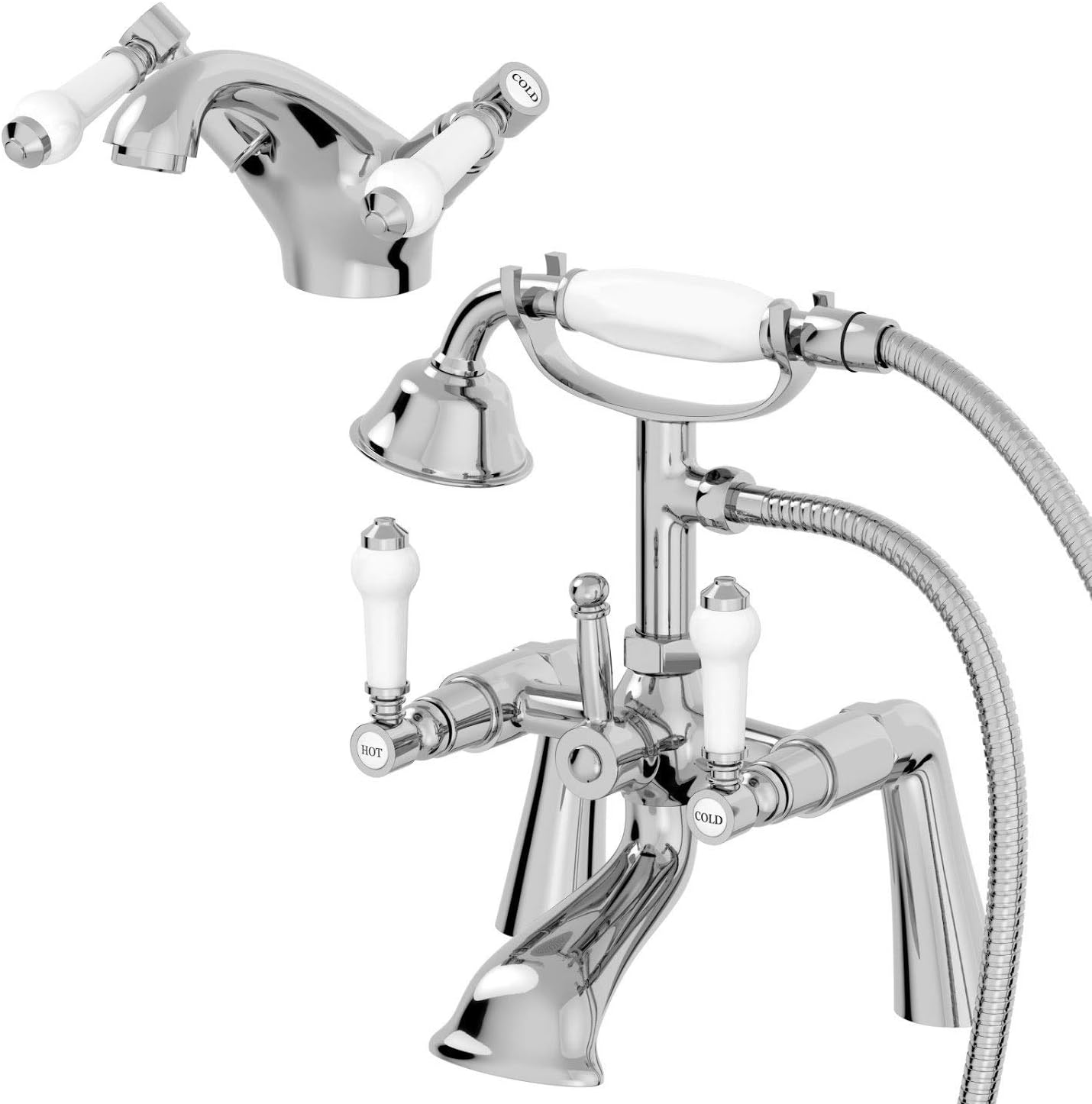 Bathroom Traditional Hot and Cols Basin and Bath Tap Set with Ceramic Levers.