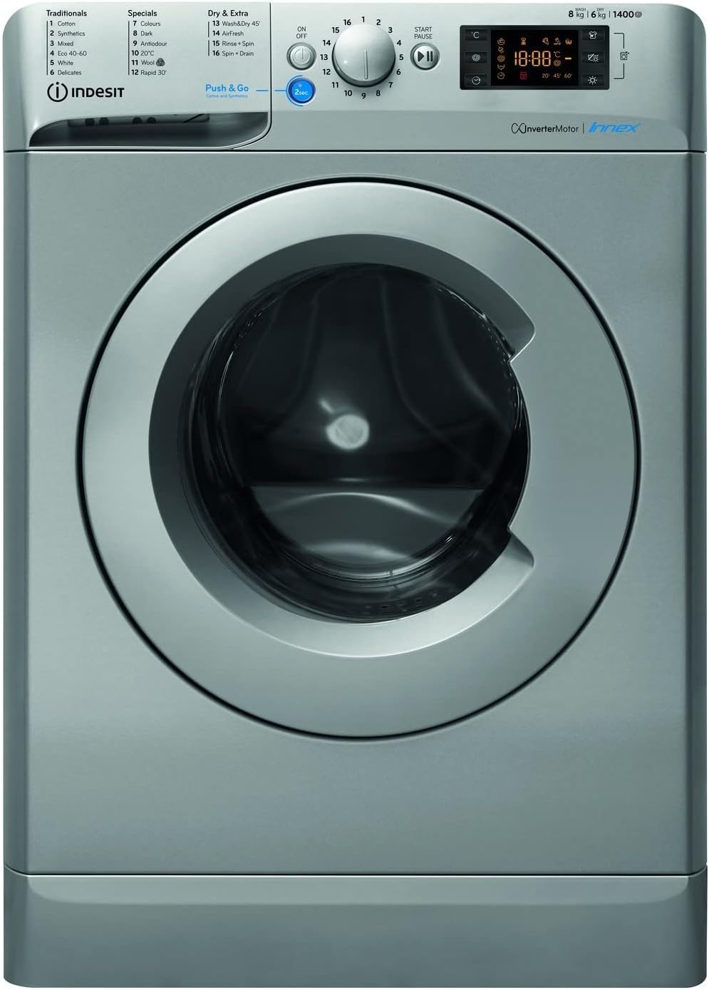 Indesit 8kg Wash 6kg Dry 1400rpm Freestanding Washer Dryer - Silver.