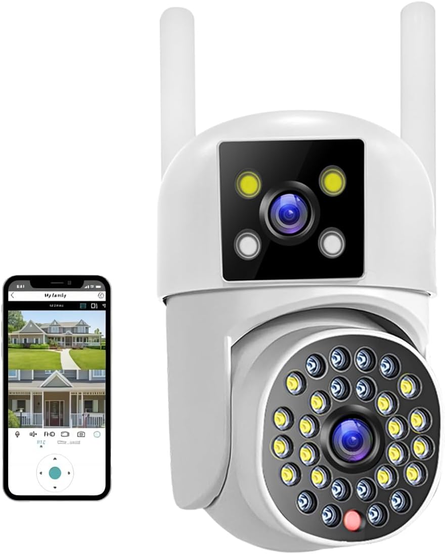 2K Dual Lens Security Camera Outdoor, CCTV Camera Systems with Color Night Vision, 2.4G WiFi Wireless PTZ Home Security Camera , Motion Detection,Auto Tracking, Siren Light, Pan Tilt,Two-way Audio.