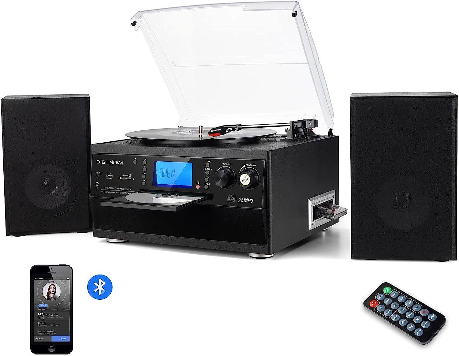 DIGITNOW! Bluetooth Viny Record Player, Turntable for CD, Cassette, AM/FM Radio and Aux in, USB port and SD Encoding, Remote Control, with Standalone Stereo Speakers.