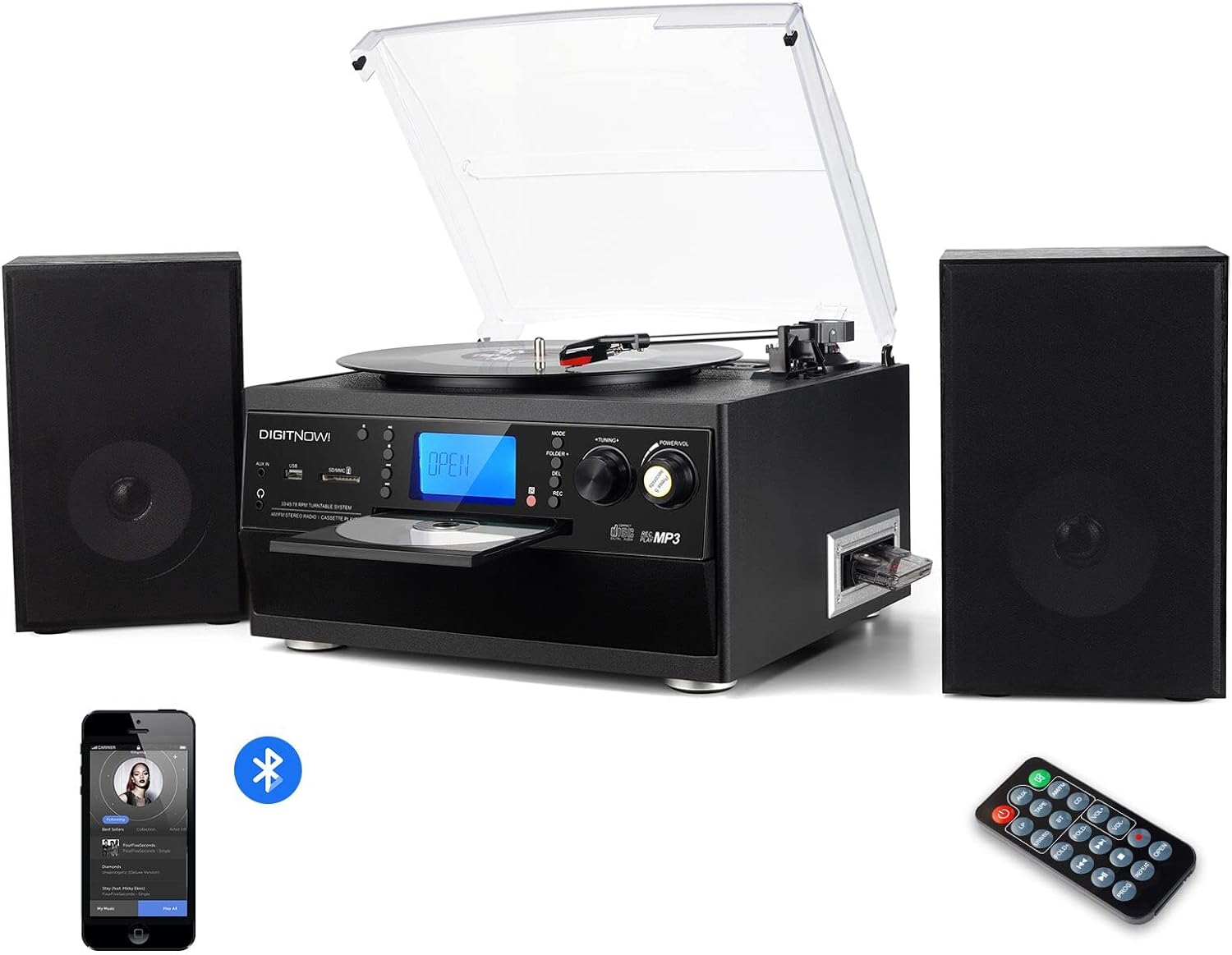 DIGITNOW! Bluetooth Viny Record Player, Turntable for CD, Cassette, AM/FM Radio and Aux in, USB port and SD Encoding, Remote Control, with Standalone Stereo Speakers.