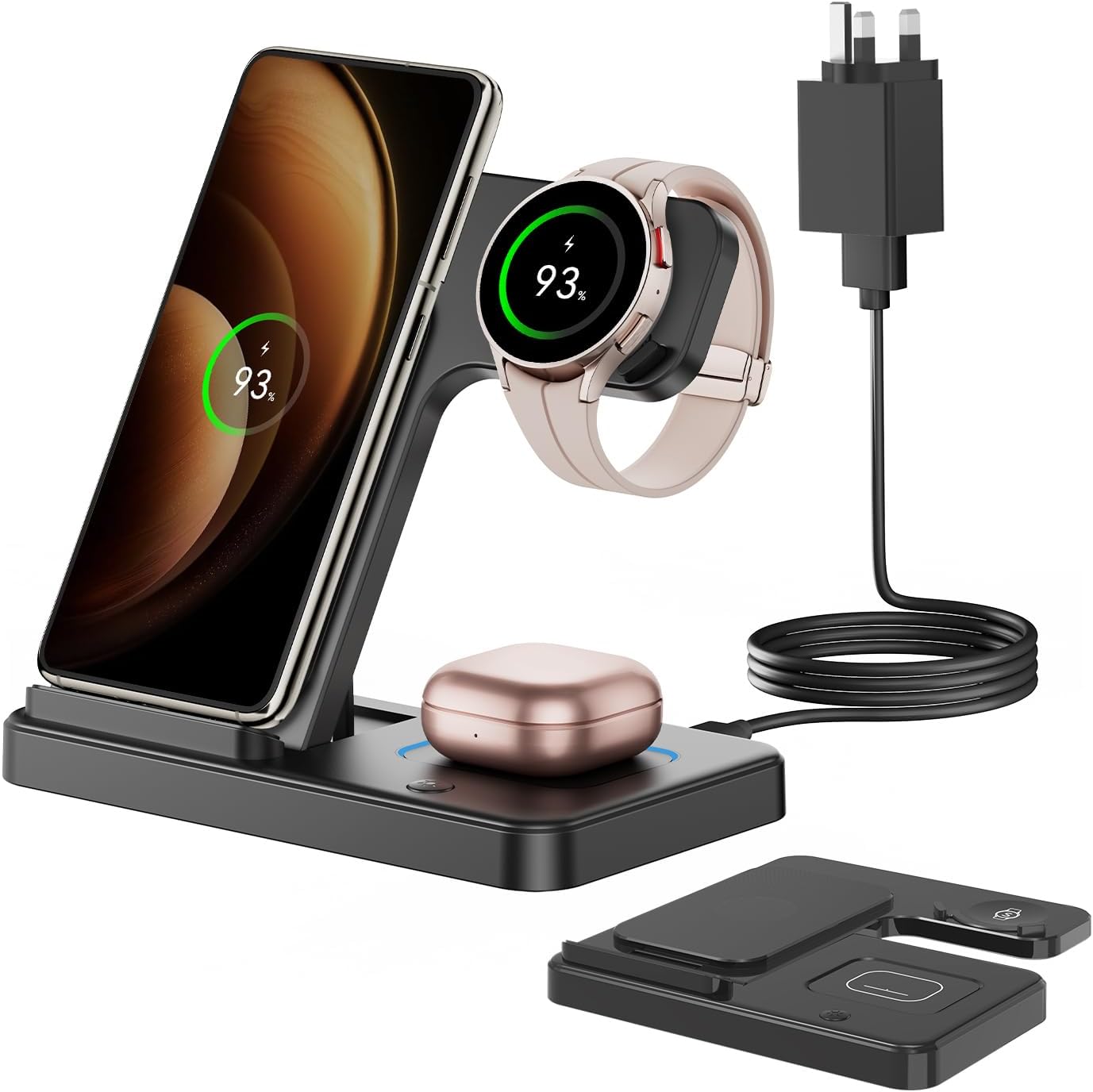 GEEKERA Wireless Charger for Samsung, 3 in 1 Foldable Charging Station for Samsung S24/S23/Z Fold/Flip, Fast Phone Watch Charger Dock for Galaxy Watch 7/6/5/4/3, Docking Station for Galaxy Buds-Black