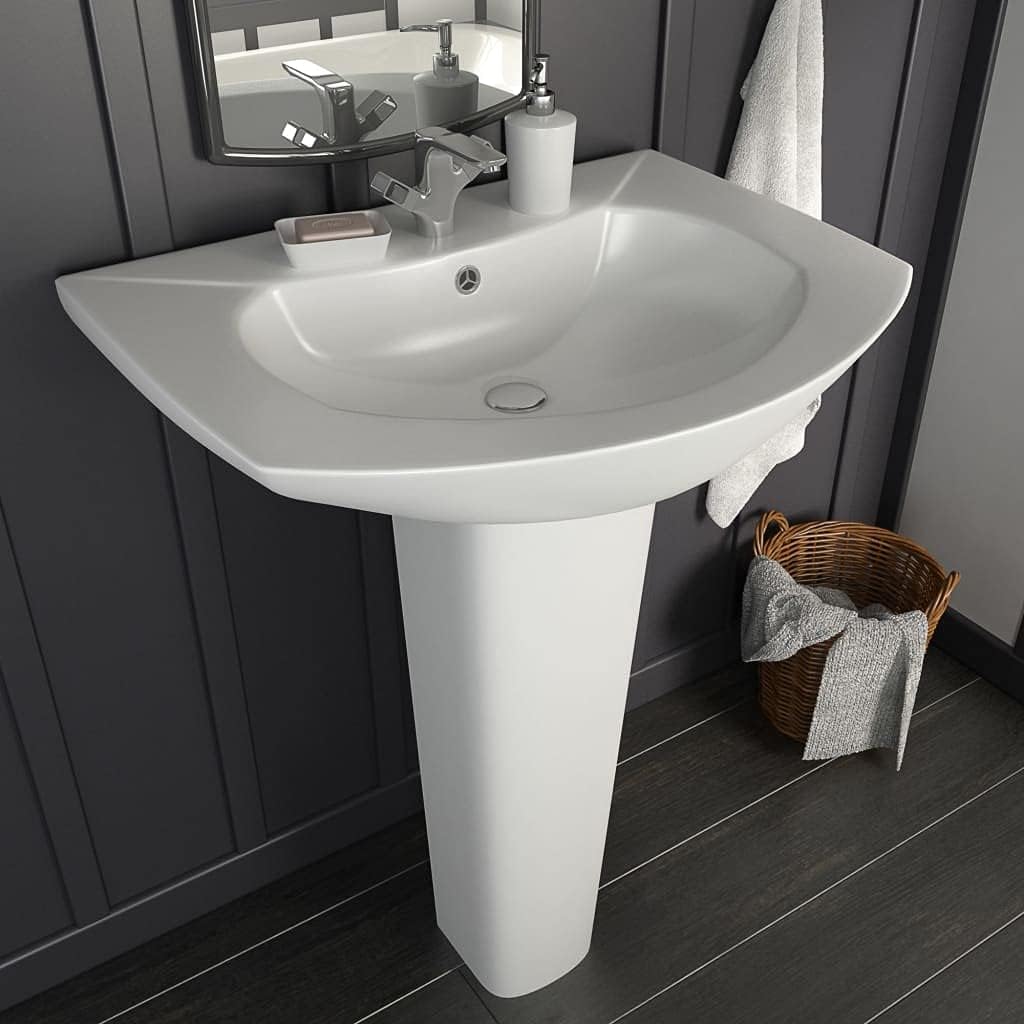 Brokky Freestanding Basin with Pedestal Ceramic White 650x520x200 mm,Ceramic Cloakroom Basin Hand Washing Sink,Modern Design Gloss CounterT O P Basin Cloakroom Sink for Bathroom Lavatory,Vanity Cabine.