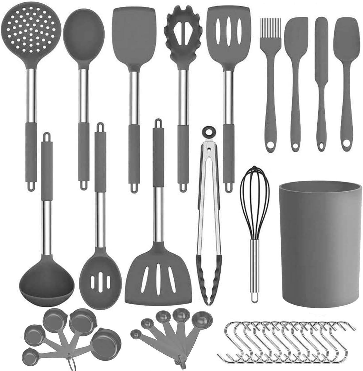 Kitchen Utensils Set, 25pcs Silicone Utensils Set with Plastic Holder Spatulas Turner Measuring Cups Spoons Whisk Brush Heat Resistant Stainless Steel Handle with Silicone Grip Gray Color.