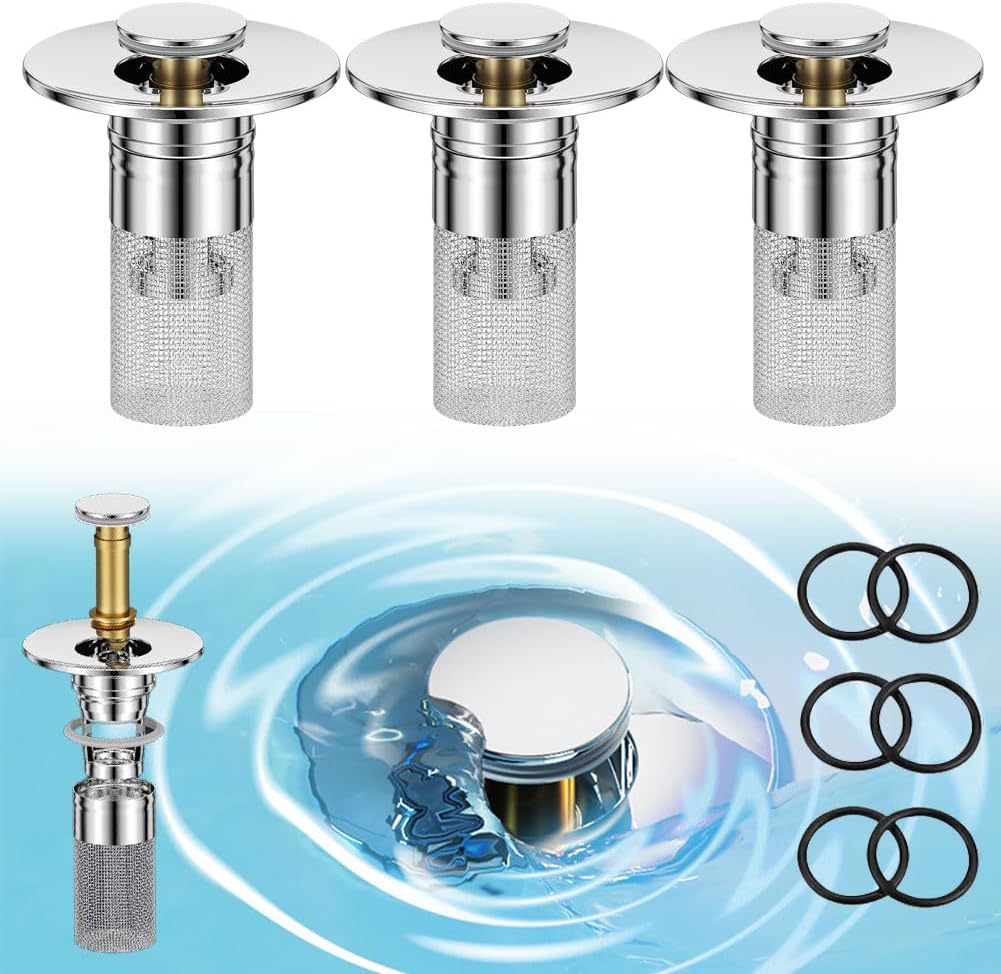 Luckflora Stainless Steel Floor Drain Filter|Bathroom Sink Drain Strainer Hair Catcher|Bathroom Sink Stopper|Pop-up Bounce Core Basin Drain Filter Washbasin Plug (3Pcs).