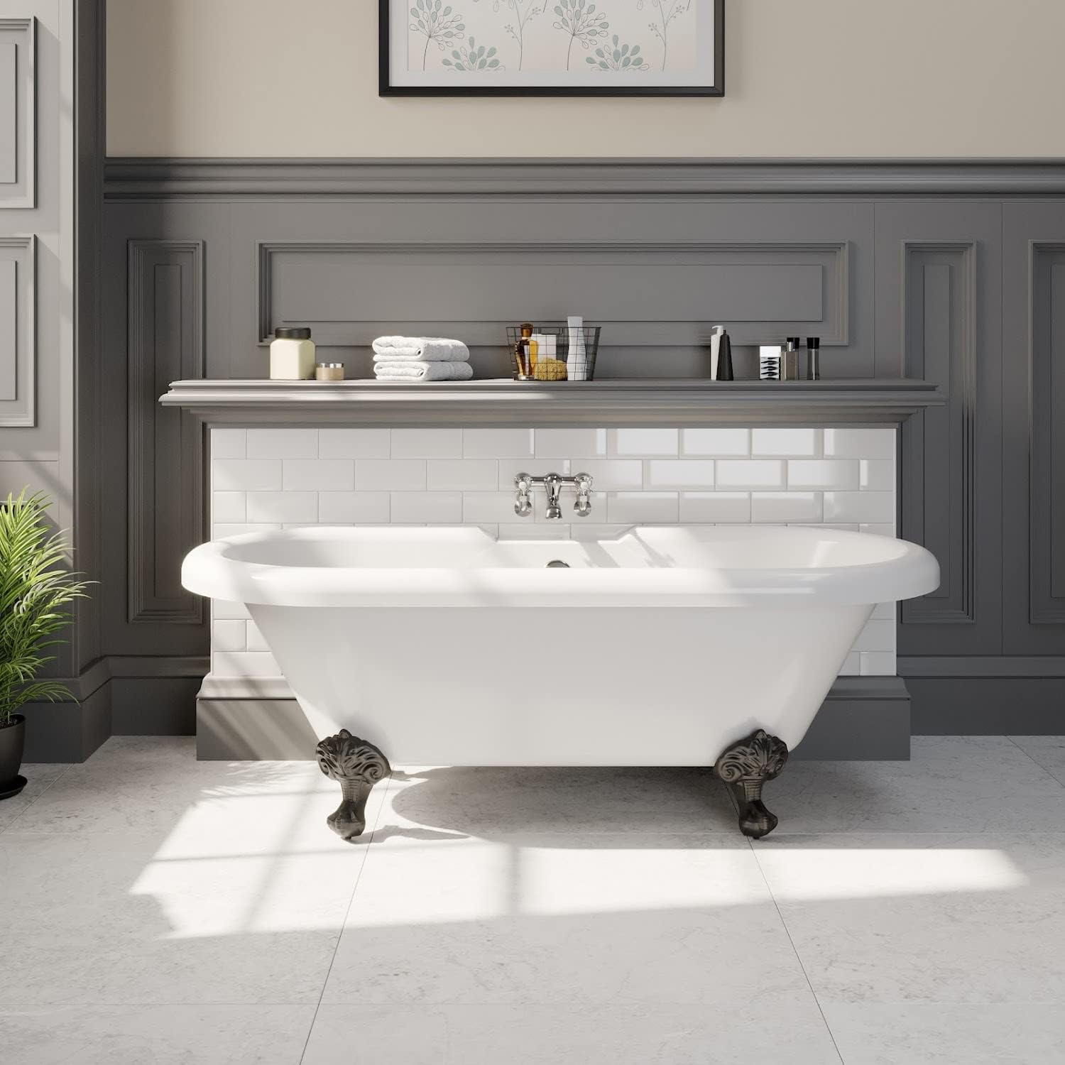 Freestanding Traditional 1500mm Double Ended Roll Top Bath with Ball Style Legs White Acrylic.