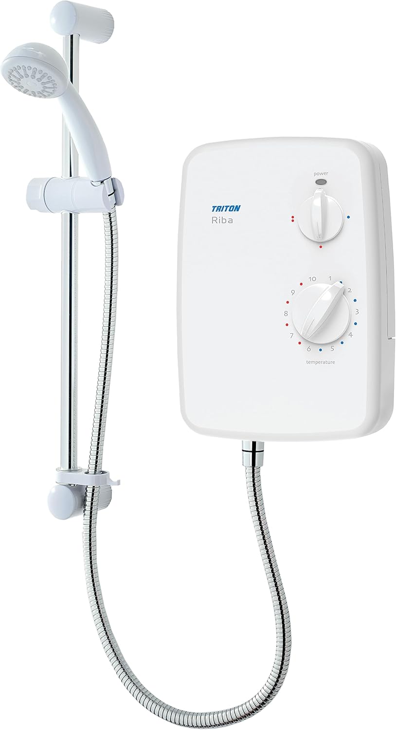 Riba | Shower Electric | 8.5 kW | Triton Shower I White I Electrical Showers | with Showerhead & Anti Twist Hose | Best Electric Shower Units for Bathrooms.