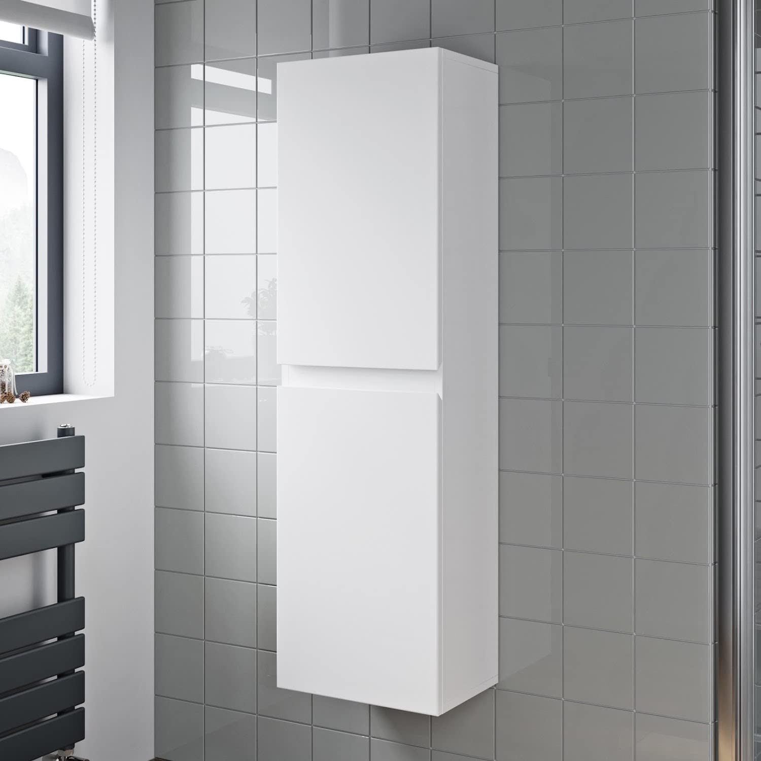 BAYSTONE 1200mm Tall Bathroom Wall Hung Storage Cabinet Cupboard Tallboy Furniture Unit Soft Close White Gloss.