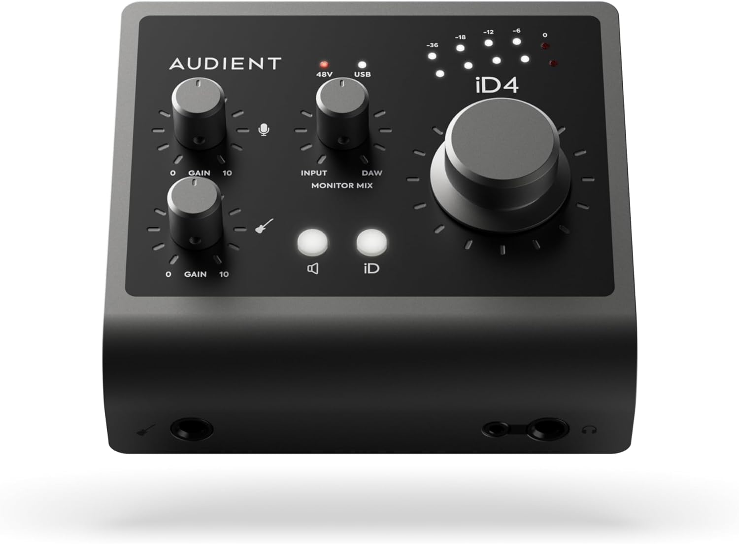 Audient Audio Interface iD4 MKII, Class A Console Microphone Preamp (High Speed USB-C, Monitor Mix and Monitor Panning Function, 2 Headphone Outputs, Mac/PC/iOS Compatible), Black.