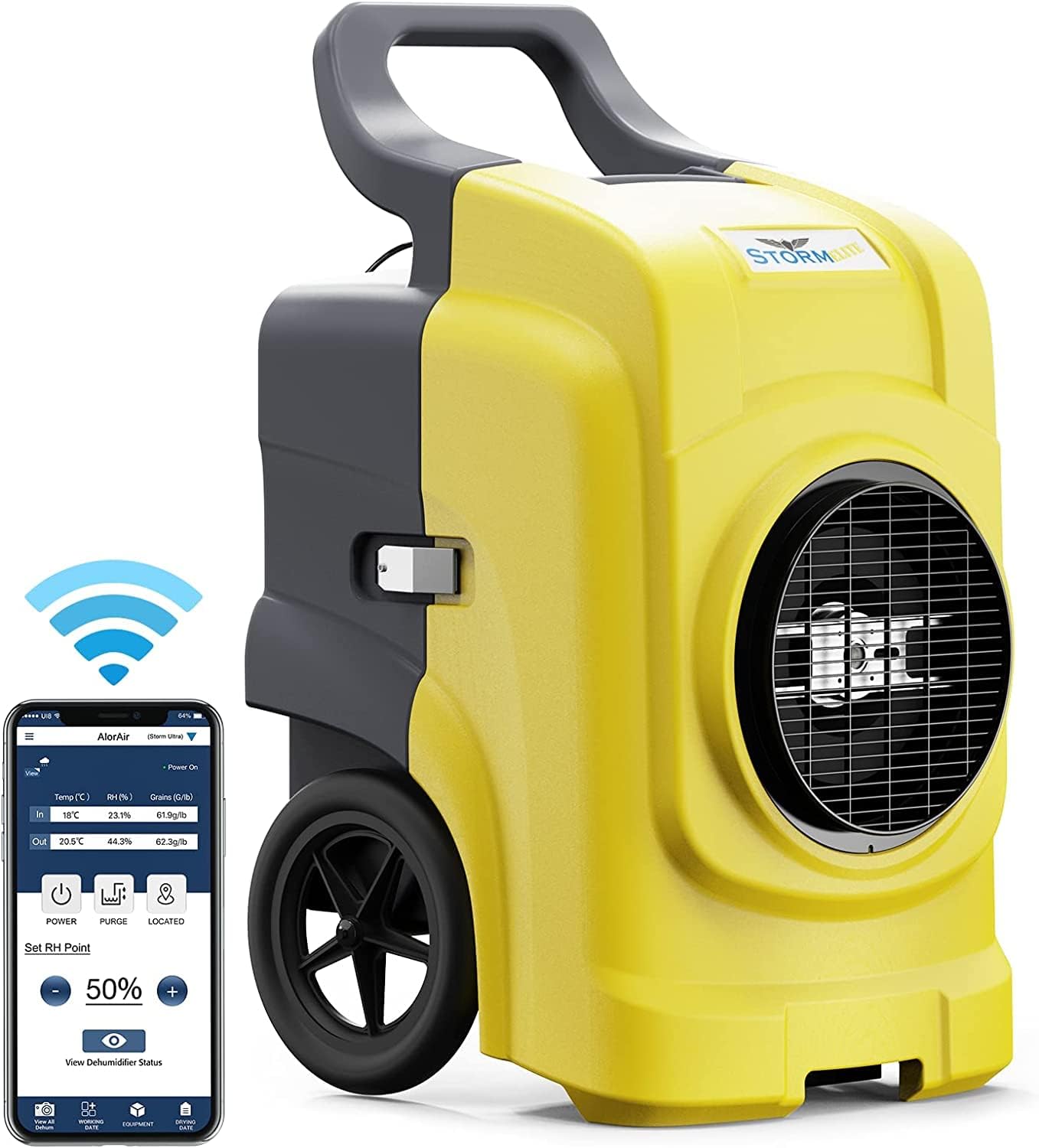 AlorAir 270 PPD Smart Wi-Fi Commercial Dehumidifier, Storm Elite Large Industrial Dehumidifier with Pump, Water Damage Restoration for Basements, Garages, and Job Sites, 5 Years Warranty, Yellow.