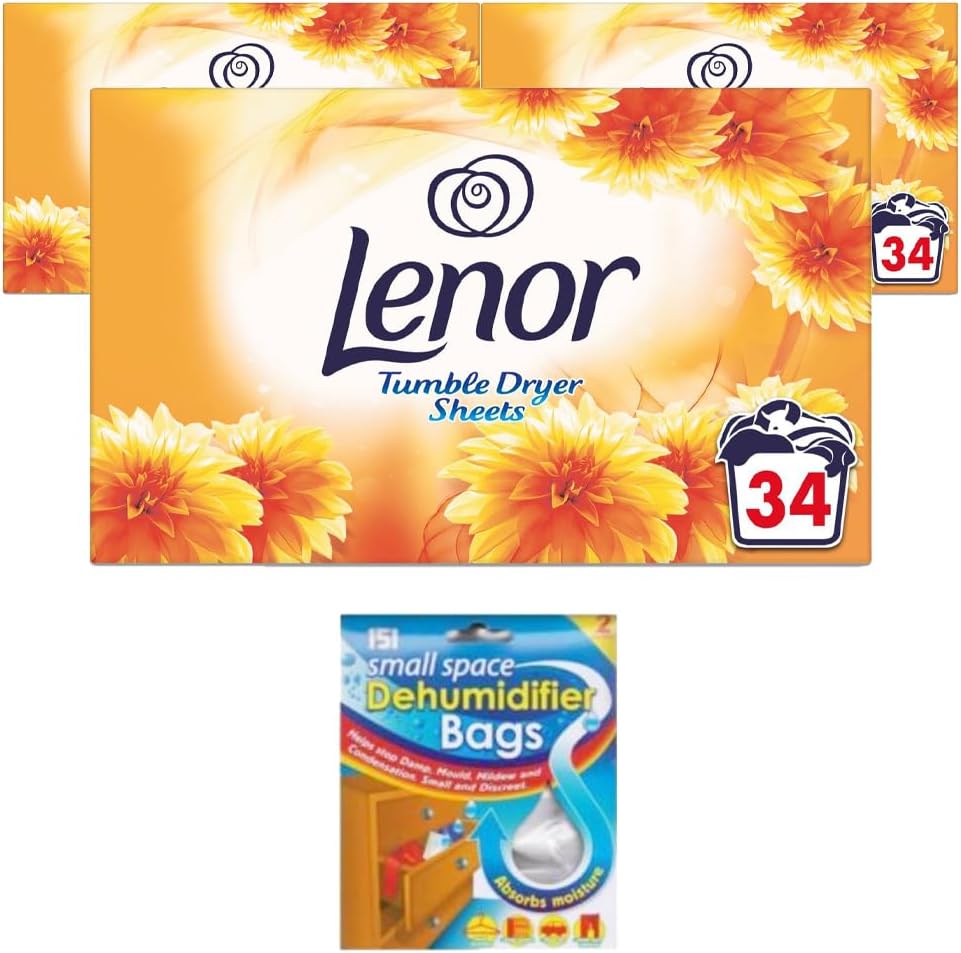 Lenor 3 x 34 pack Tumble Dryer Sheets Bundled with Dehumidifier Bag (1 sashet) Fresh Laundry Fragrance Yellow Summer Clothes Washing Scent (102sheets) (3pack).