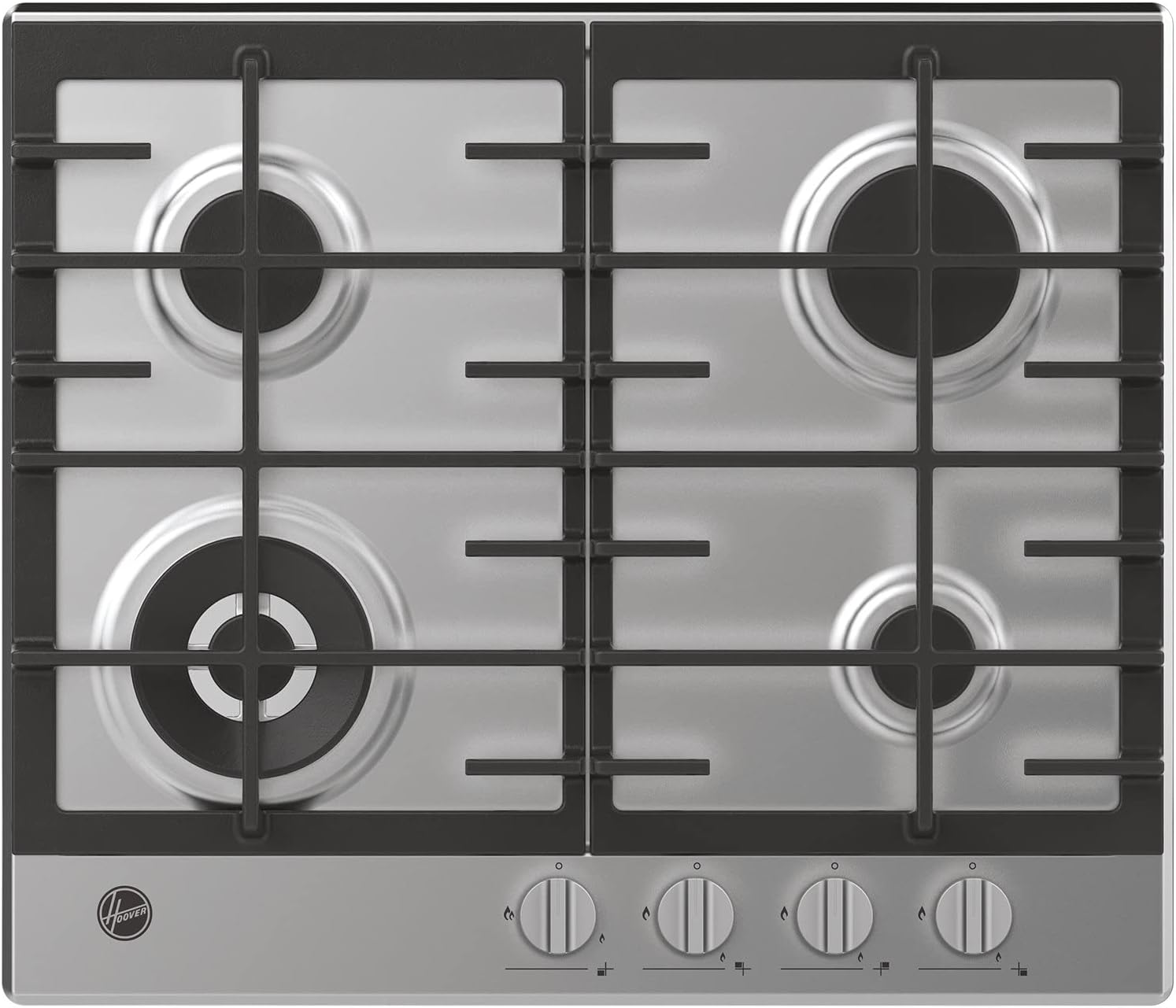 Hoover HHG6BF4K3X 60cm Gas hob, 4 burners, 1 Wok burner, Cast iron pan supports, Stainless Steel.